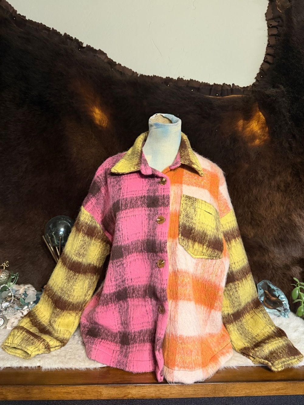 Colorblock Plaid Shacket Jacket in Pink, Yellow & Orange L (3200)